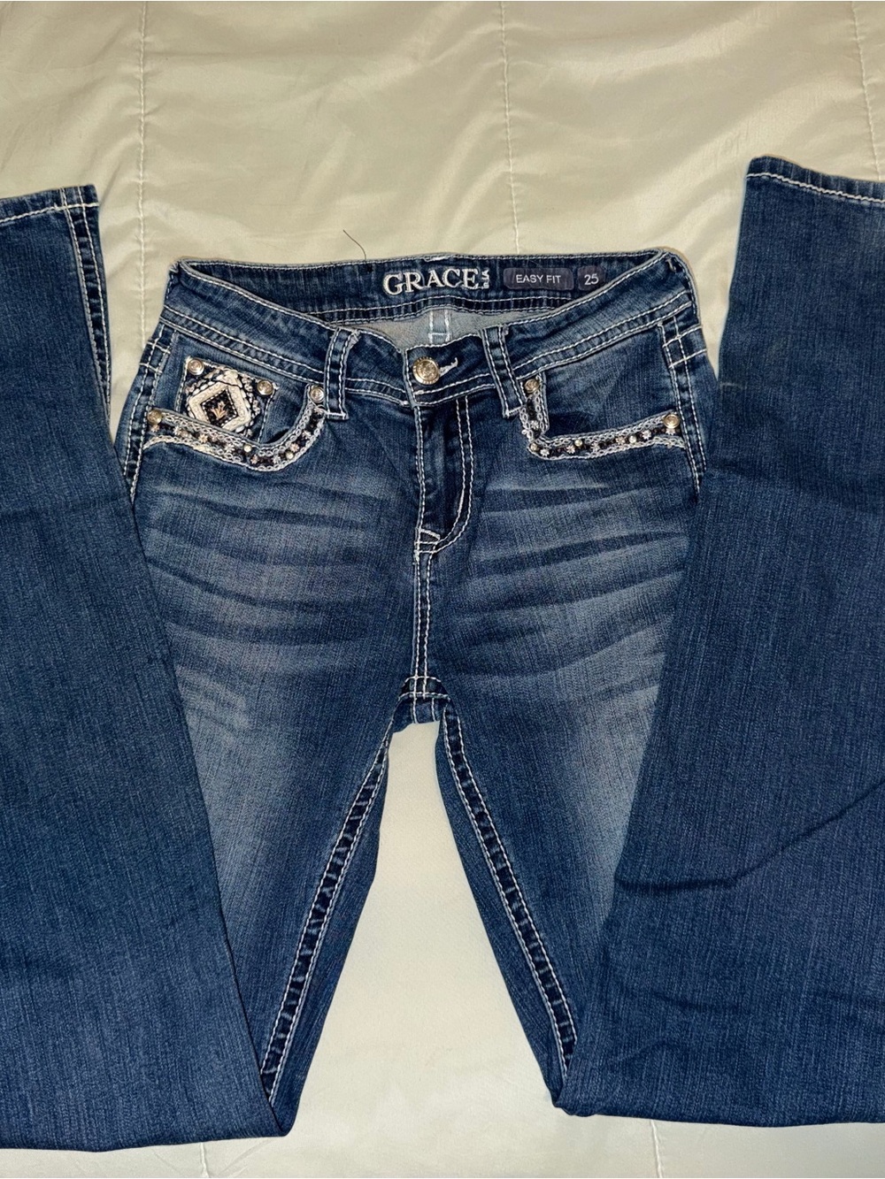 Grace in LA Dark Blue Skinny Jeans with Embellished Pockets